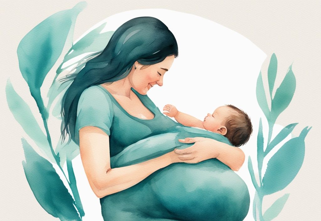 Modern watercolor illustration of a mother in teal theme, smiling while gently holding and applying pressure to her baby's belly.