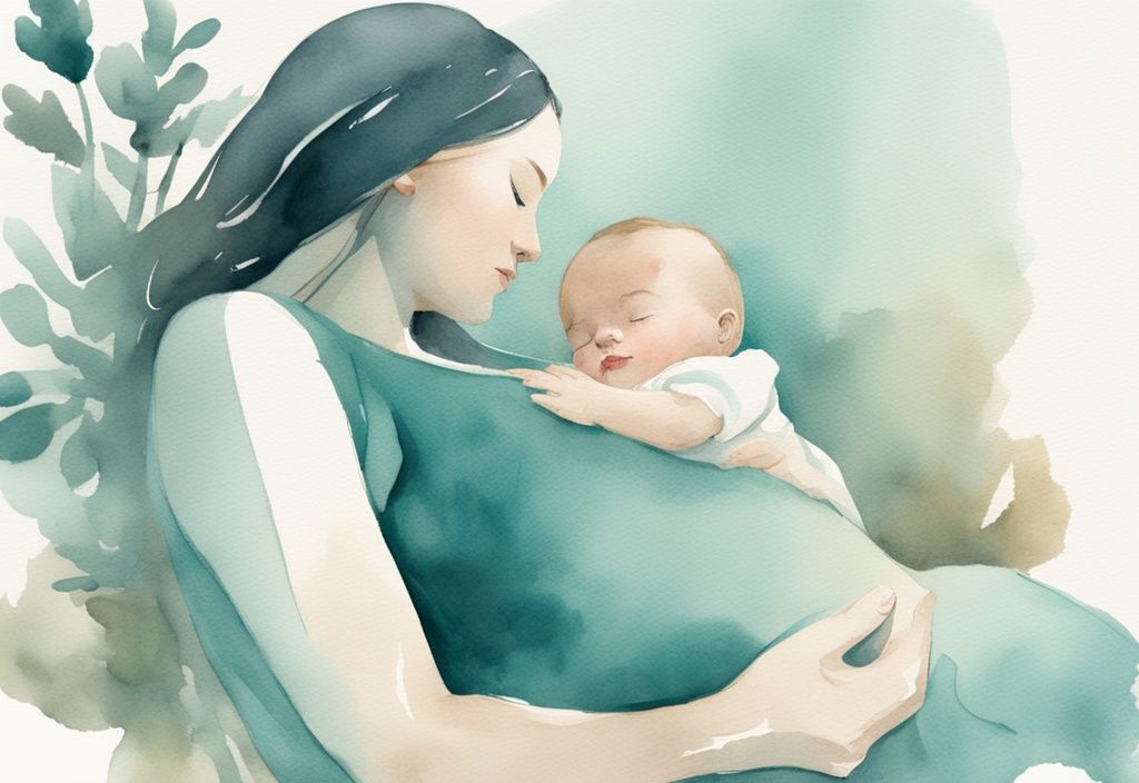 Modern watercolor illustration of a parent rocking a sleeping baby, showcasing a serene setting; how to put a baby to sleep in 10 seconds.