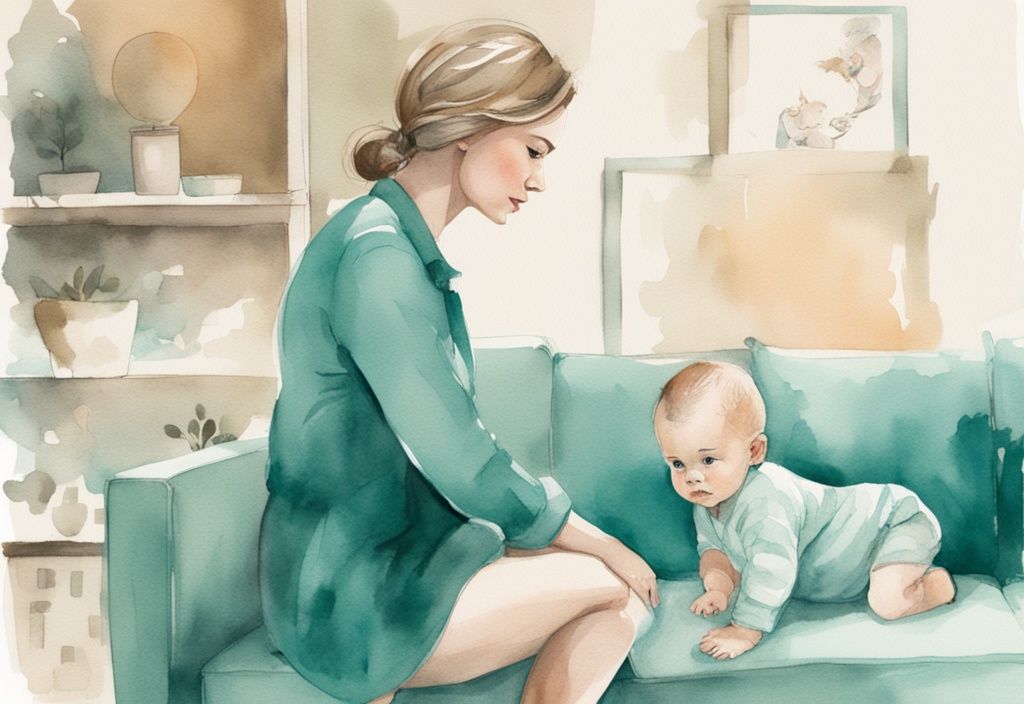 Modern watercolor illustration of a baby preparing to take its first step, supported by a proud mother in the background, capturing the moment of when do babies start walking.