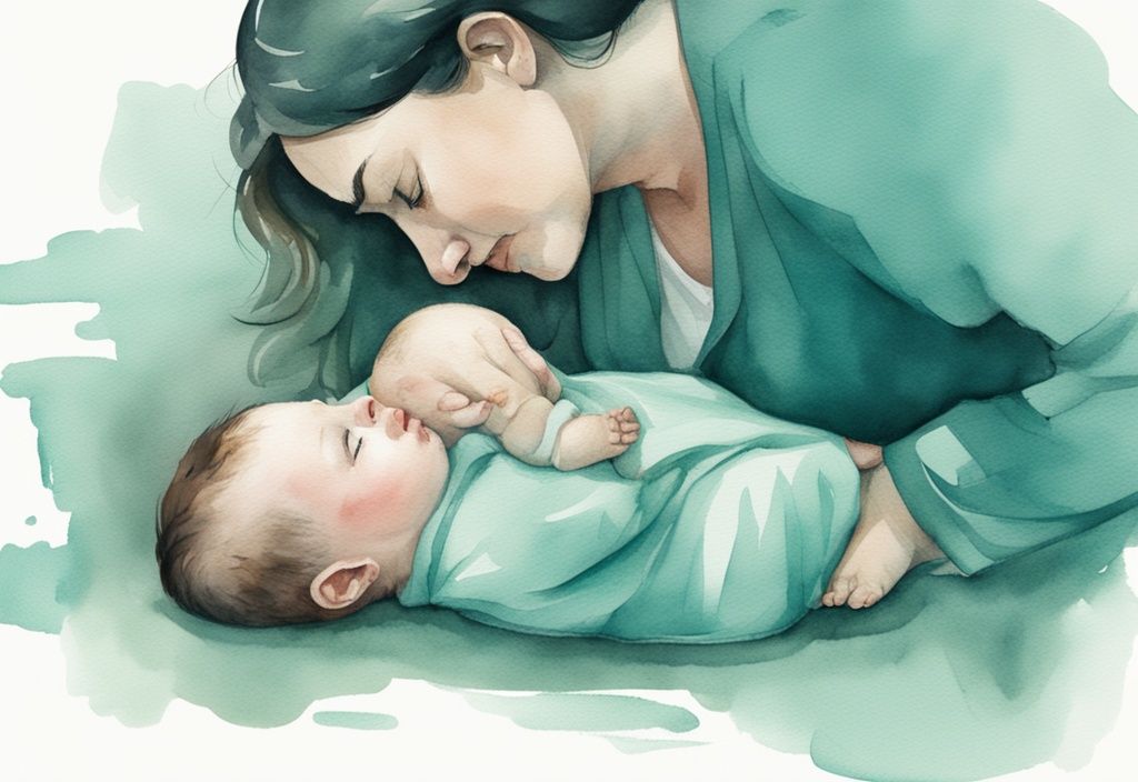 Modern watercolor illustration of a parent rolling baby from face-down to back sleeping position, teal color theme