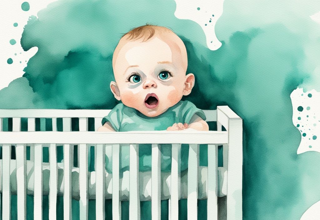 Modern watercolor illustration of a startled baby with wide eyes, teal color theme, fallen pacifier in crib.