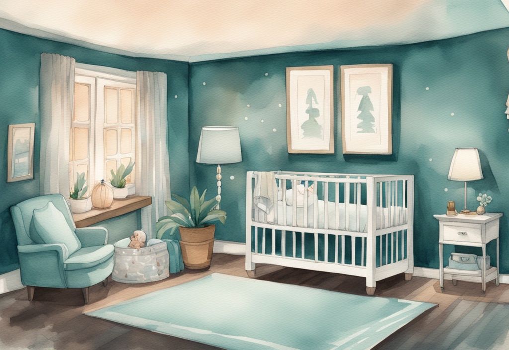 Modern watercolor illustration of a serene teal-themed nighttime nursery scene with a baby sleeping in a crib and a parent nearby ready to change a diaper.