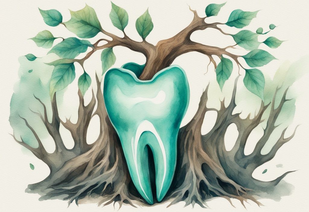 Modern watercolor illustration of deciduous teeth in teal, showing one intact with roots and another with absorbed roots, ready to fall out.