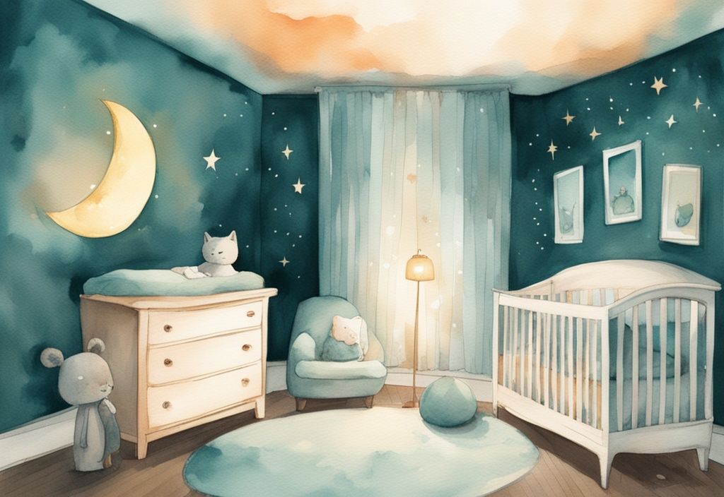 Modern watercolor nursery illustration in teal, featuring a sleeping baby with moon-themed decorations and softly glowing night lights under warm amber lighting.