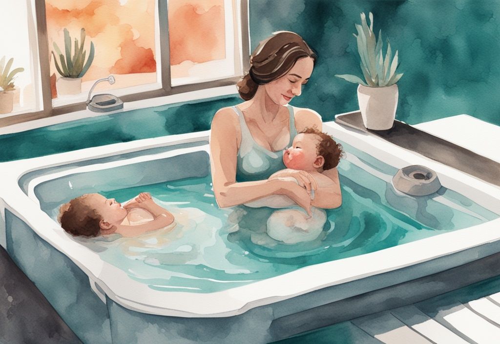 Modern watercolor illustration of a mother holding baby in hot tub, teal color theme, safe temperature thermometer visible.