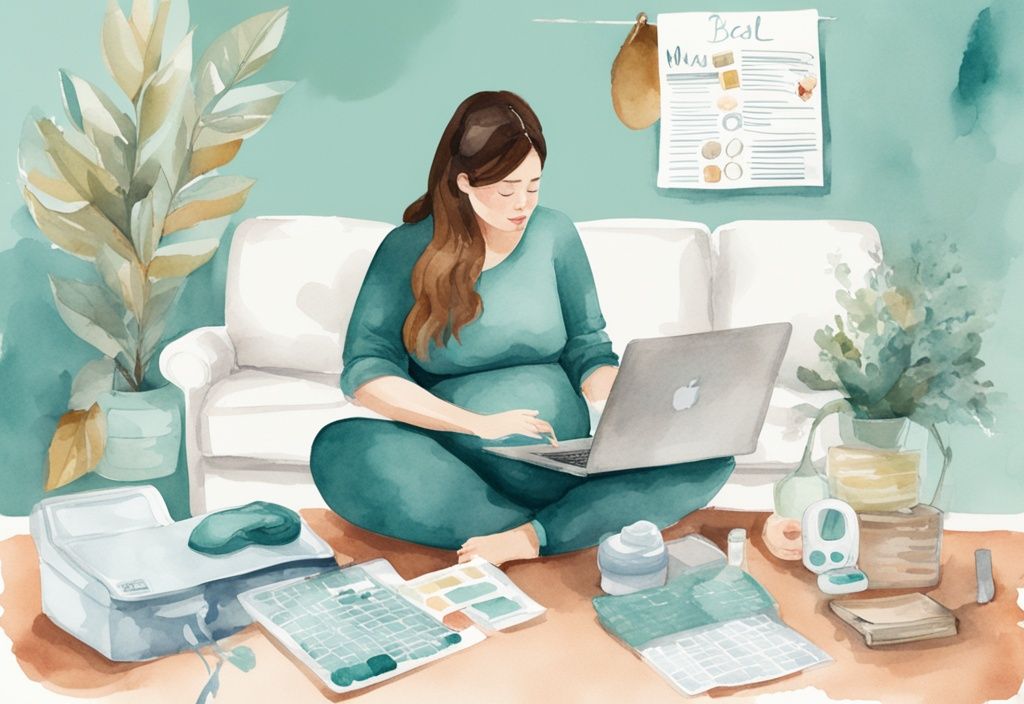 Modern watercolor illustration of a pregnant woman in teal theme, sitting with a laptop and checklist for baby essentials, surrounded by baby items.