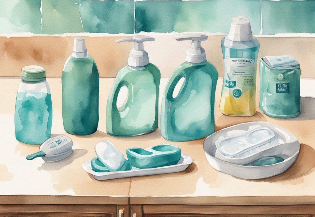 Modern watercolor illustration of teal-themed baby-safe dish soap brands with baby bottles and feeding accessories on kitchen countertop.