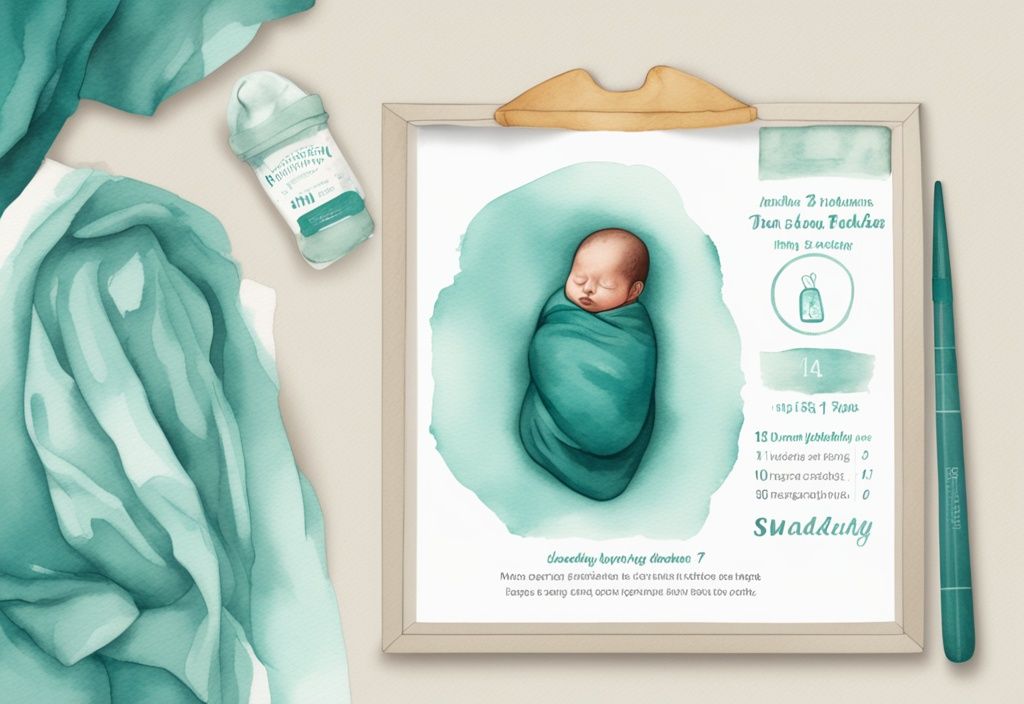 Modern teal watercolor infographic illustrating recommended newborn swaddling durations throughout the day.