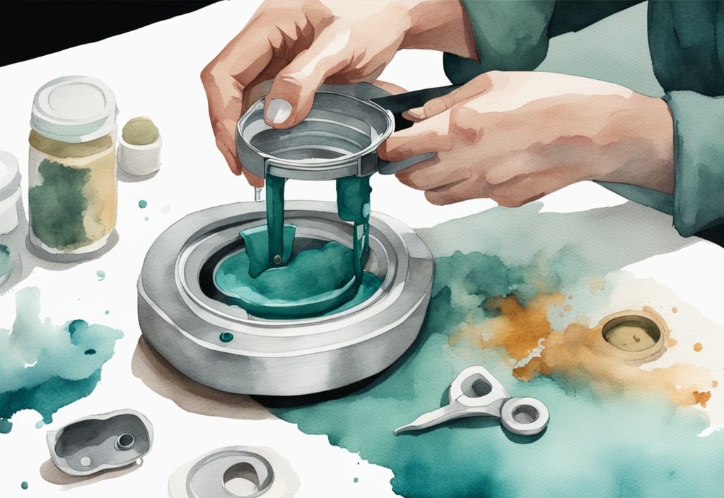 Modern watercolor illustration of a person disassembling a baby Brezza into parts, demonstrating how to clean a baby Brezza, with a teal color theme.