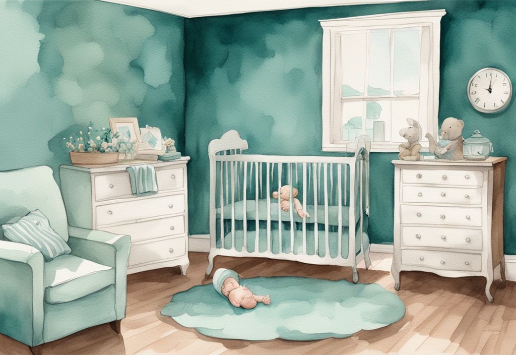 Modern watercolor nursery illustration with teal theme, calm baby awake in crib, looking at nearby clock.