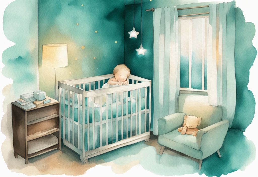 Modern watercolor illustration of a teal-themed nighttime scene, guiding parents on what to do if baby poops while sleeping, featuring a baby in a crib, wipes, a fresh diaper, and a softly lit night lamp.