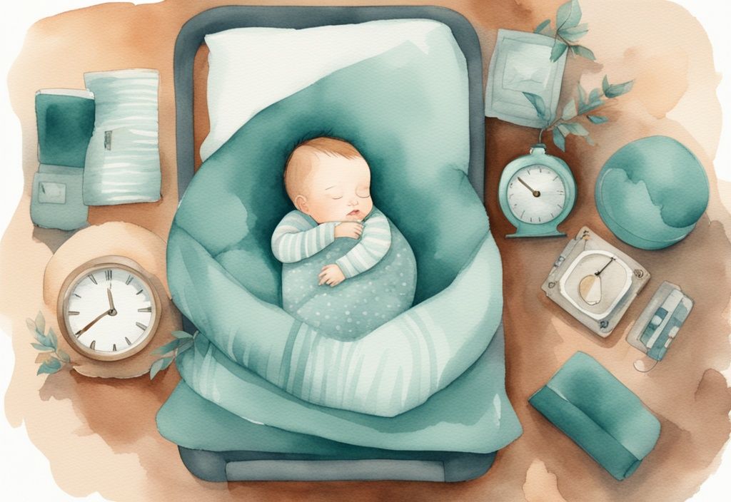 Modern watercolor illustration of a baby sleeping in a teal-themed pack and play with a clock and nightlight.