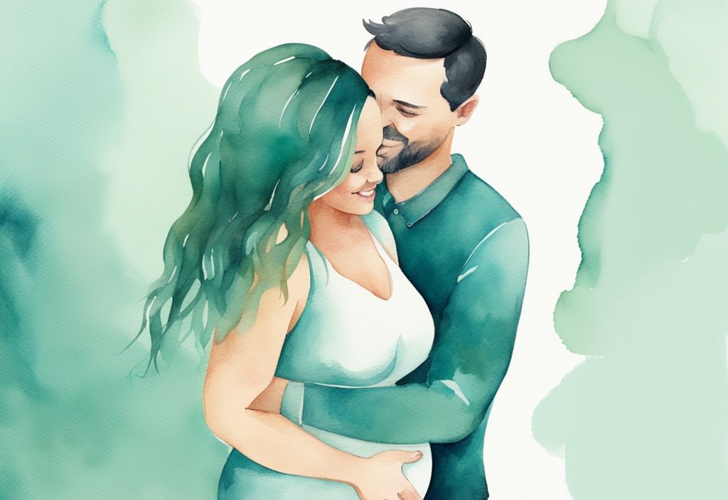 Modern watercolor illustration of a happy pregnant couple in teal tones, man holding woman's belly.