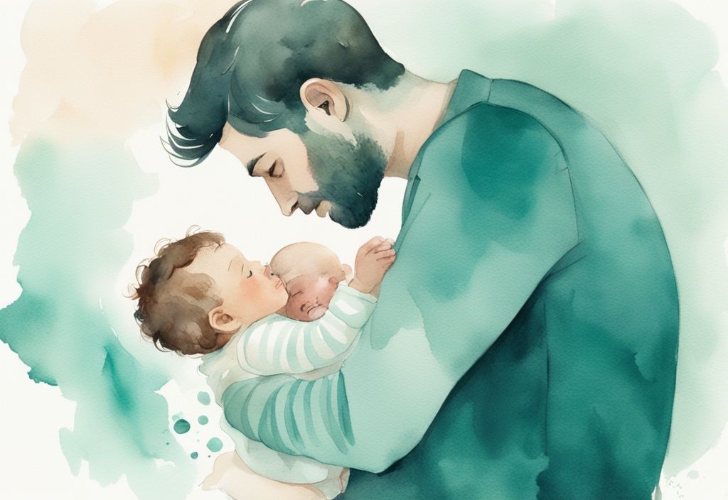 Modern watercolor illustration of a parent gazing adoringly at their infant in teal tones, capturing the intense emotion and love, answering the question why do I love my baby so much.