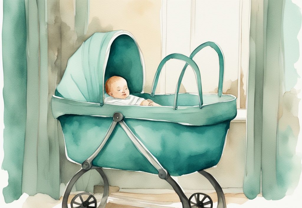 Modern watercolor illustration of an infant outgrowing a bassinet with teal color theme, feet dangling over the edge.