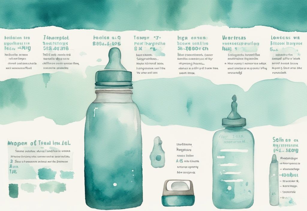 Modern watercolor illustration of a teal-themed timeline showing how often to replace baby bottles, depicting a new bottle, moderately used bottle, and a worn-out bottle needing replacement.