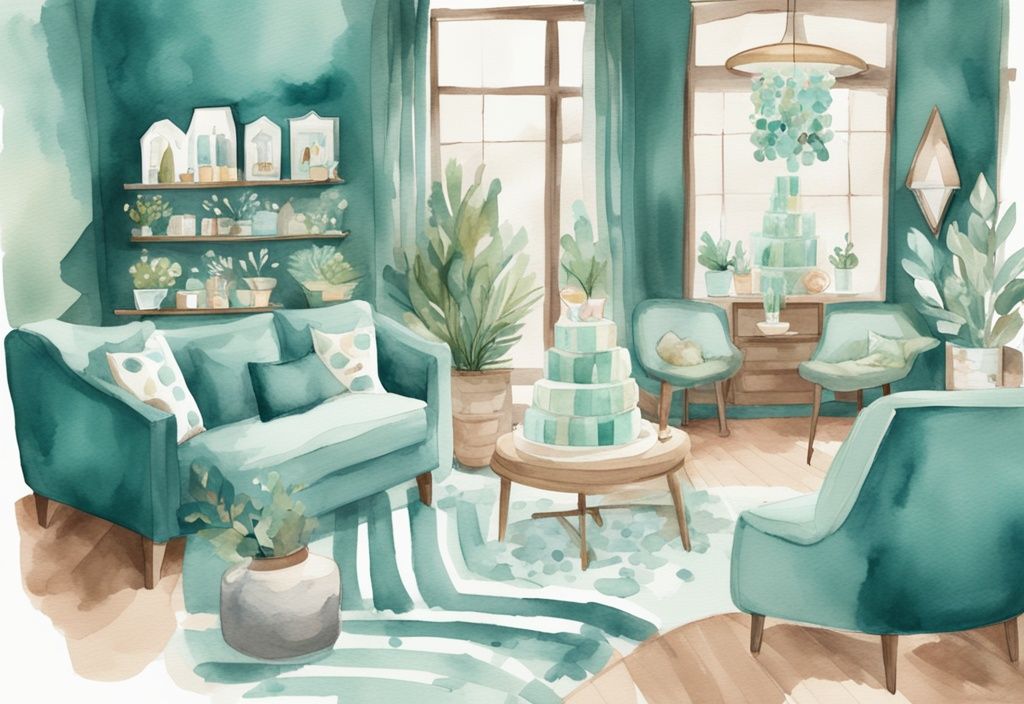 Modern watercolor illustration of baby shower venues in teal theme: decorated home living room, cozy café, outdoor park, festively adorned banquet hall.