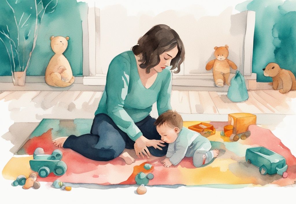 Distressed baby on tummy on colorful play mat with toys, comforted by concerned mother kneeling beside, modern teal-themed watercolor illustration.