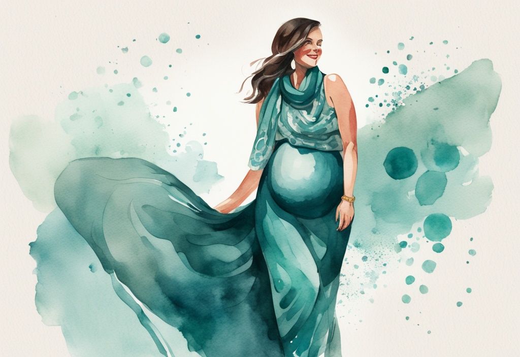 Modern watercolor illustration of a pregnant woman in a teal-themed flowing dress and patterned scarf, standing in a playful pose.