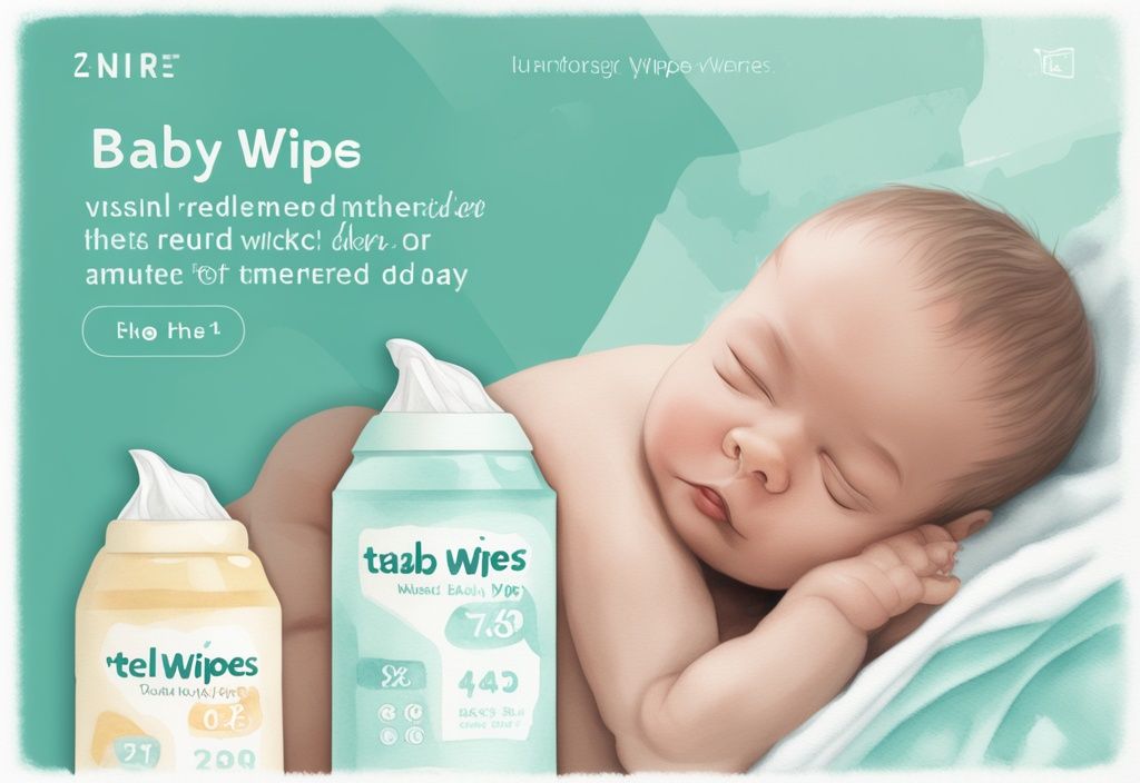 Modern watercolor illustration of a stack of baby wipes next to a newborn, highlighting "how many baby wipes do I need" with a teal color theme.