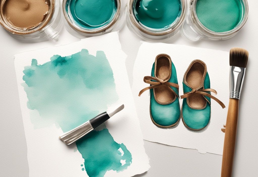 Modern watercolor illustration of a DIY process on how to bronze baby shoes, featuring teal-themed baby shoes mid-transformation with a bronzing solution canister and brush.