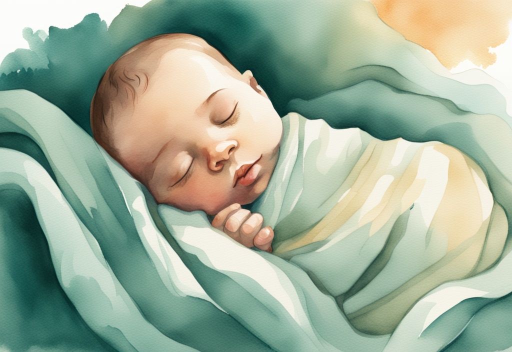 Modern watercolor illustration of a newborn baby, known as a sunrise baby, peacefully sleeping in a teal-themed soft blanket under gentle sunrise light.