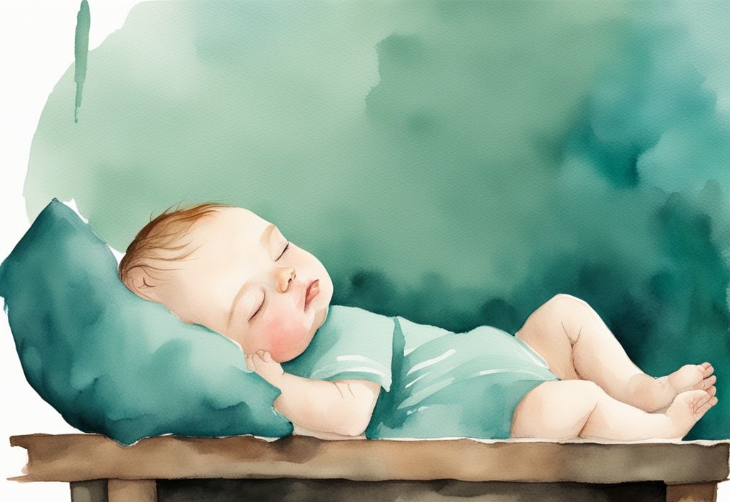 Modern watercolor illustration of a sleepy baby in teal theme, gently scratching head, eyes heavy with sleep.