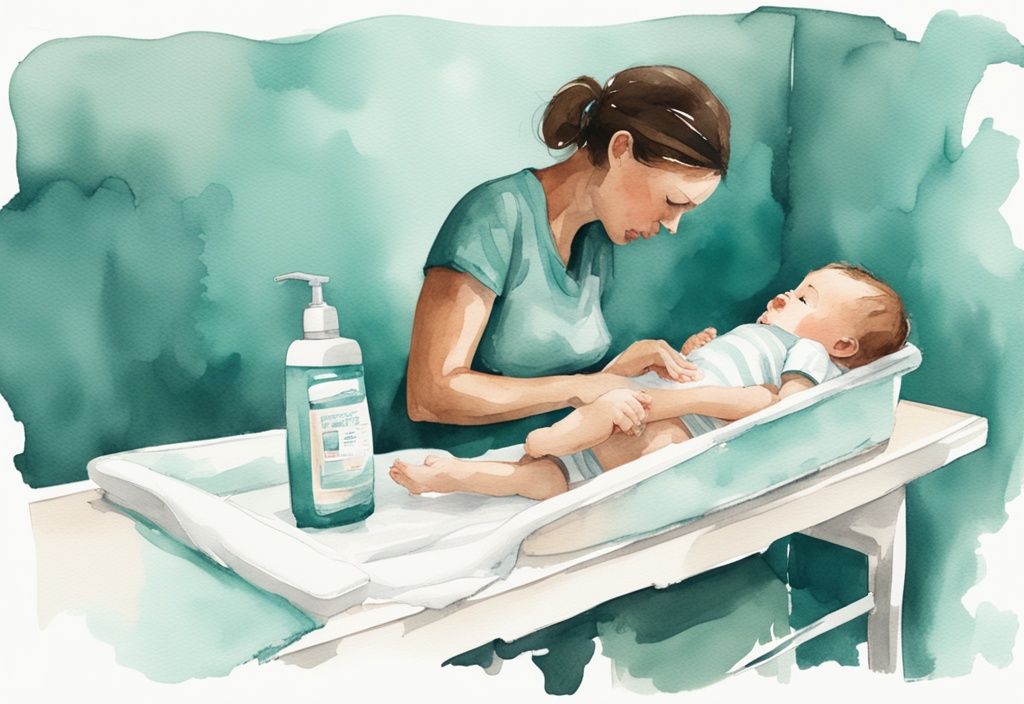 Modern watercolor illustration of a distressed baby on a changing table with a parent struggling to change the diaper, highlighting the theme "why does my baby hate diaper changes" in teal colors.