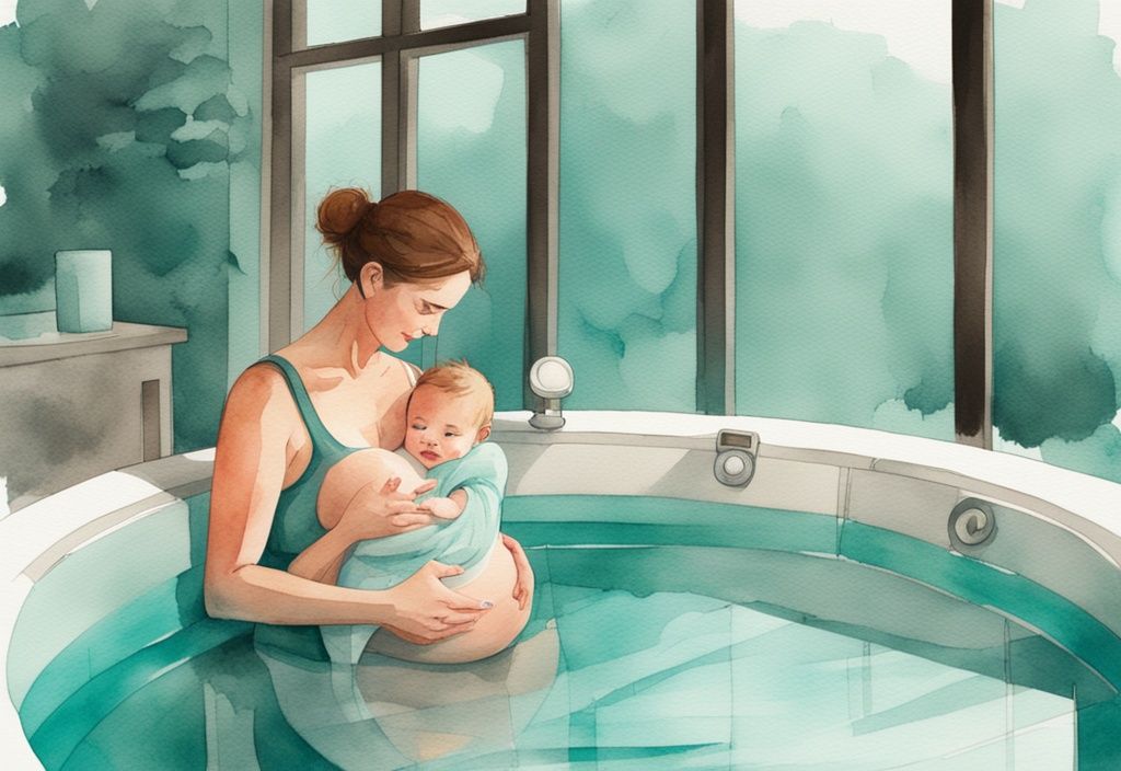 Modern watercolor illustration of a mother holding her baby in a teal-themed hot tub with a visible thermometer indicating a safe temperature range.