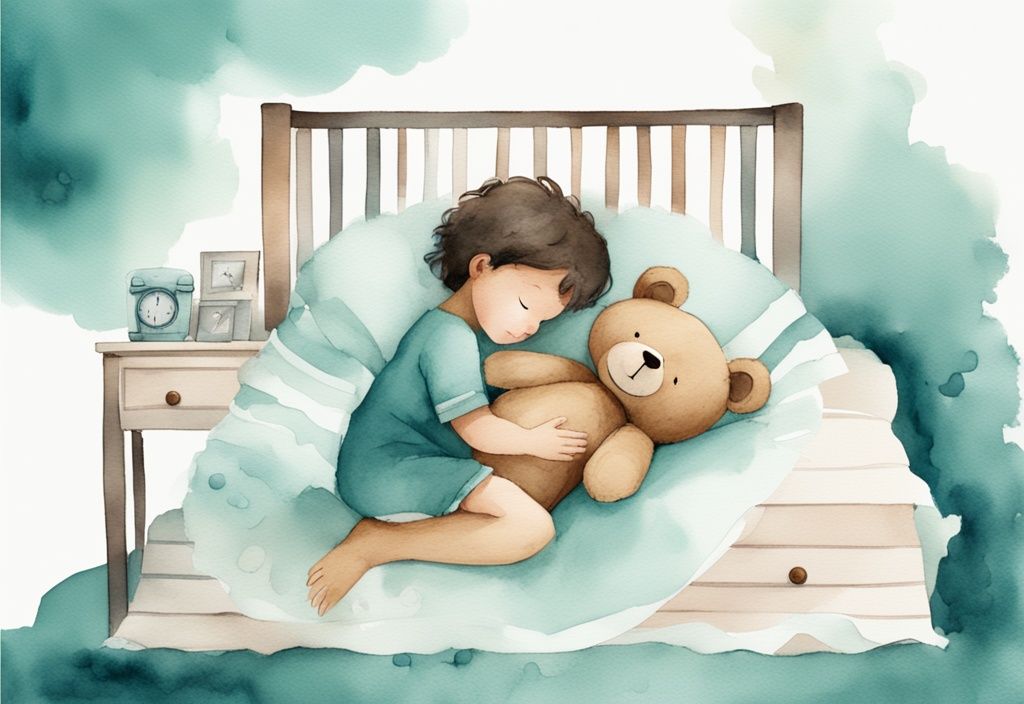 Modern watercolor illustration of a toddler sleeping in a crib with a teal theme, hugging a fluffy bear, and a digital clock showing bedtime, relating to when can a baby sleep with a stuffed animal.