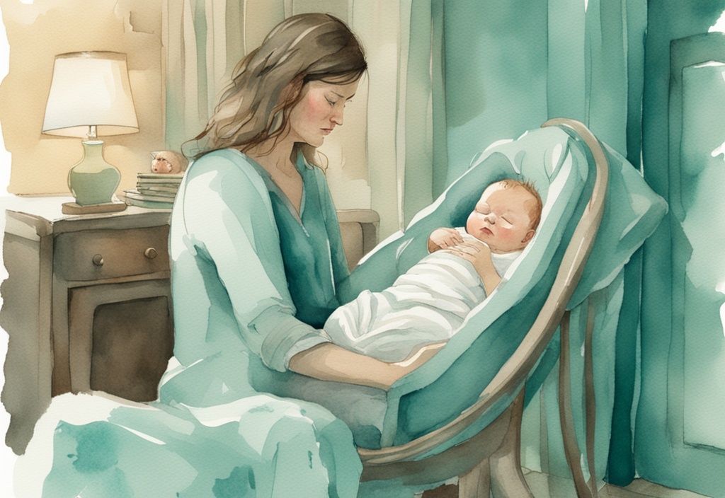 Modern watercolor illustration of a tired mother rocking an overtired baby in a teal-themed, dimly lit nursery.