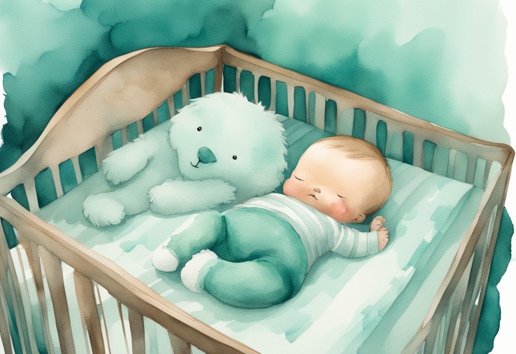 Modern watercolor illustration of a baby sleeping contently in a crib with a teal color theme, accompanied by a fluffy stuffed animal.