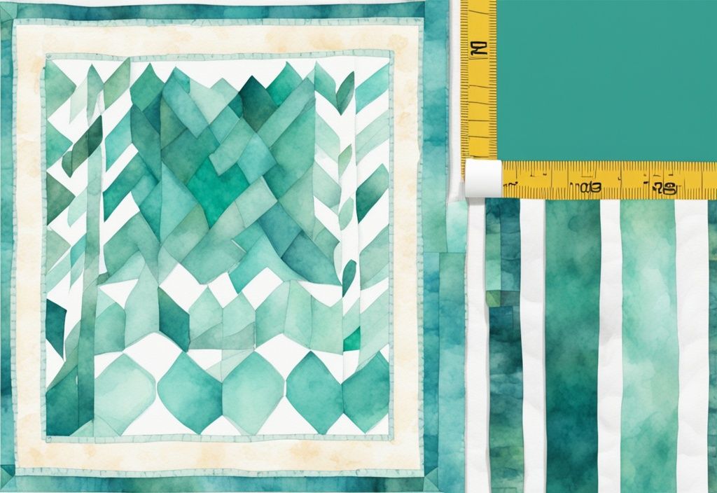 Modern watercolor illustration of a teal-themed baby quilt with a tape measure showing its size.