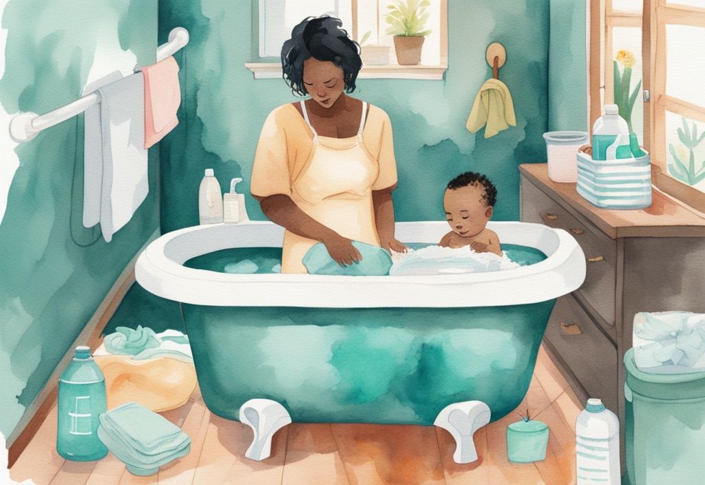 Modern watercolor illustration of a parent scrubbing a colorful baby bathtub with cleaning supplies, demonstrating how to clean a baby bathtub, with a teal color theme.