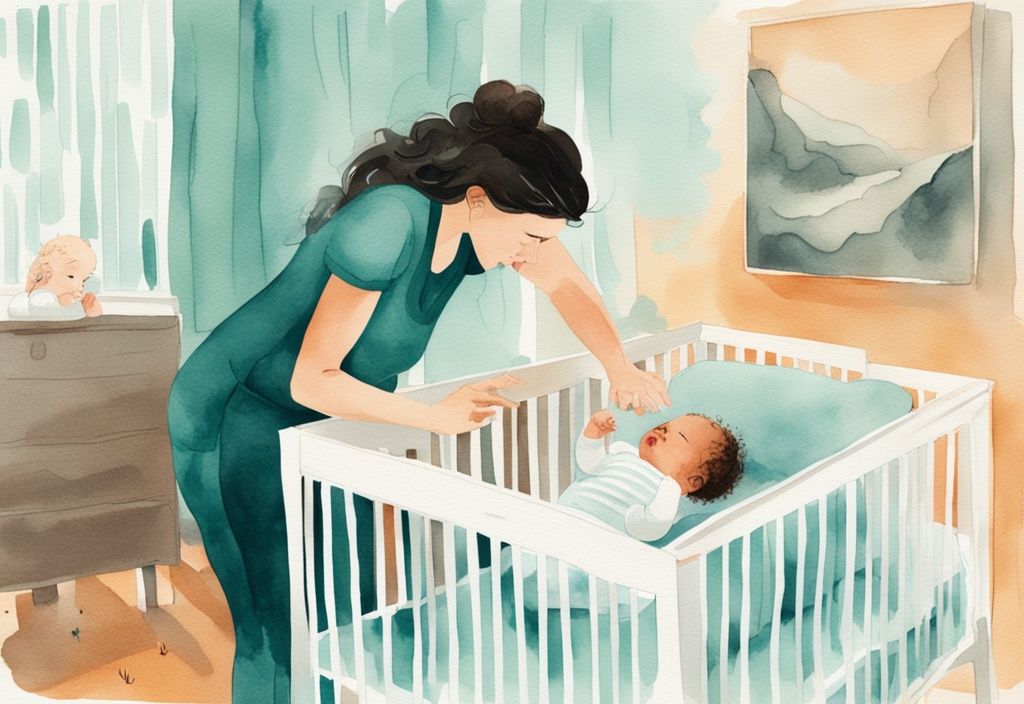 Modern watercolor illustration of a baby falling asleep in a crib, pulling hair, with a confused mother observing; teal color theme.