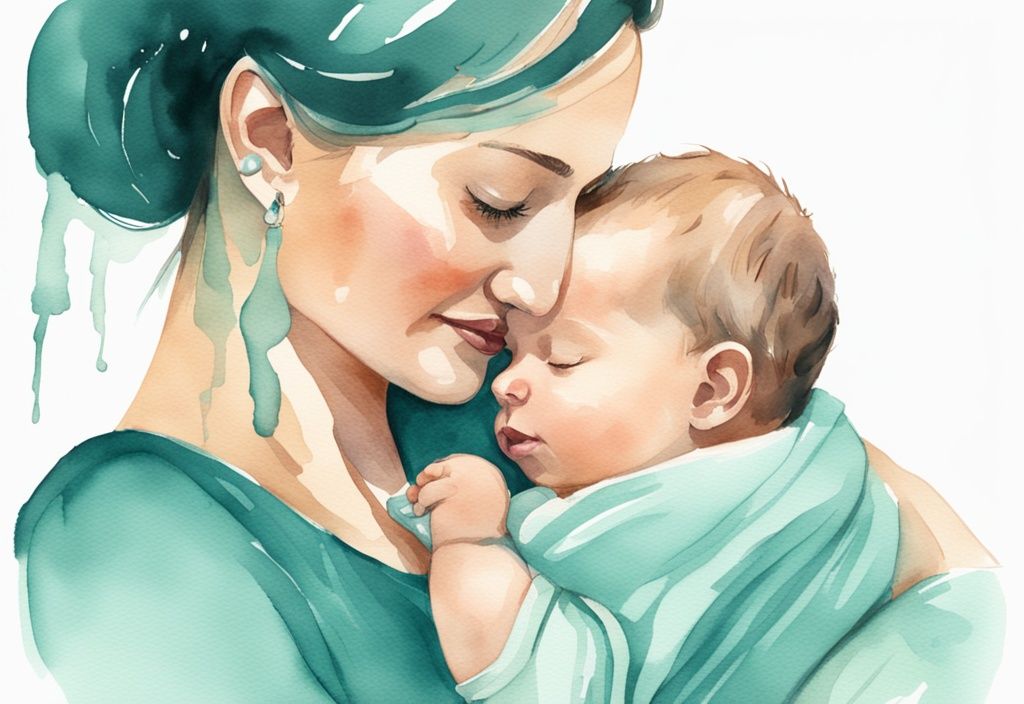 Modern watercolor illustration of a mother stroking sleeping newborn's cheek with teal color theme and warm milk bottle nearby.