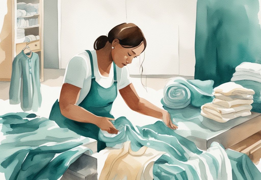 Modern watercolor illustration of a parent using natural stain remover on baby clothes, with clean baby clothes in background, teal color theme.