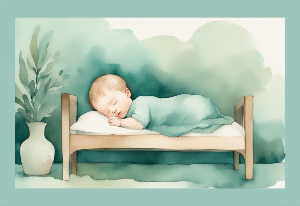 Modern watercolor illustration of a sleeping baby in a cozy teal-themed nursery with soft lighting.