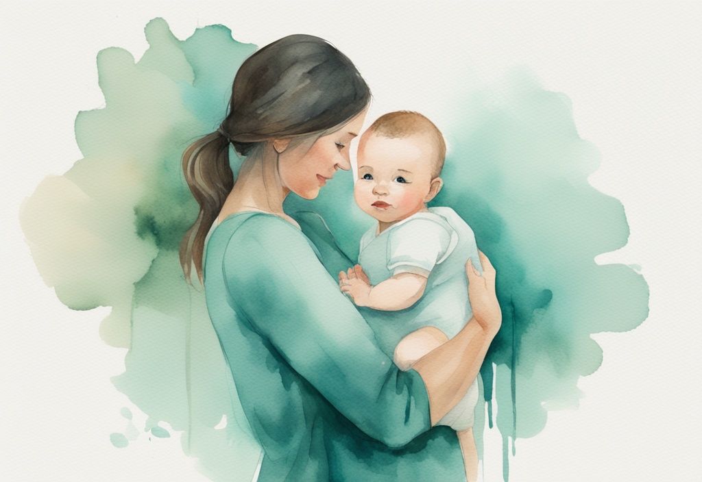 Modern watercolor illustration of a caring parent supporting their baby to stand, showcasing how to help baby stand, with a teal color theme.