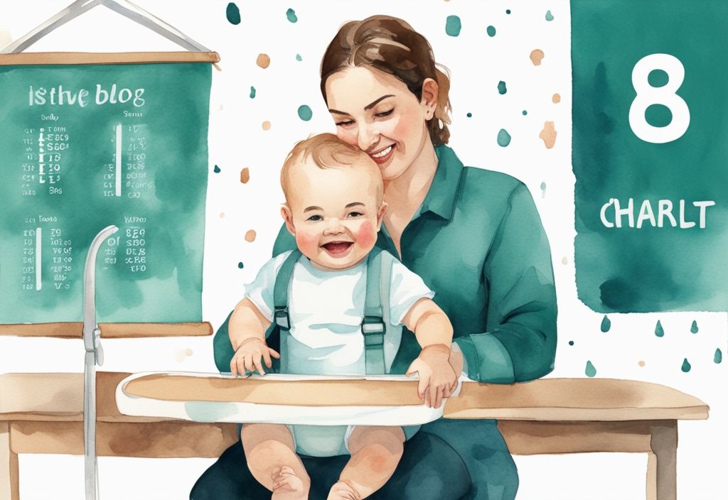 Modern watercolor illustration of a happy baby in a high chair with a parent displaying a milestone chart, teal color theme.