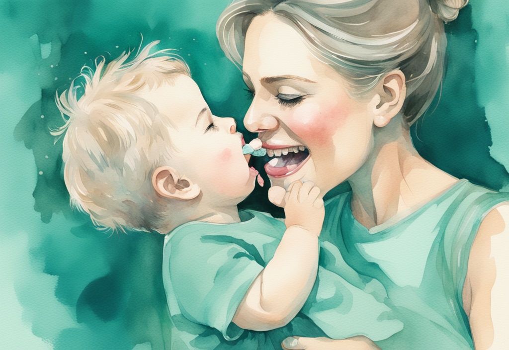 Modern watercolor illustration of a mother checking her baby's teeth, exploring how to tell if baby will have gap teeth, with a teal color theme.