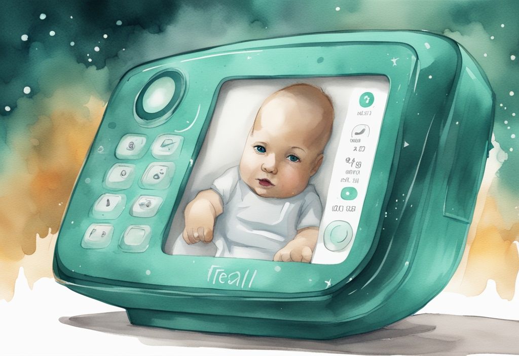 Modern watercolor illustration of a teal-themed baby monitor highlighting VOX feature, buttons, and display with night-time atmospheric glow.