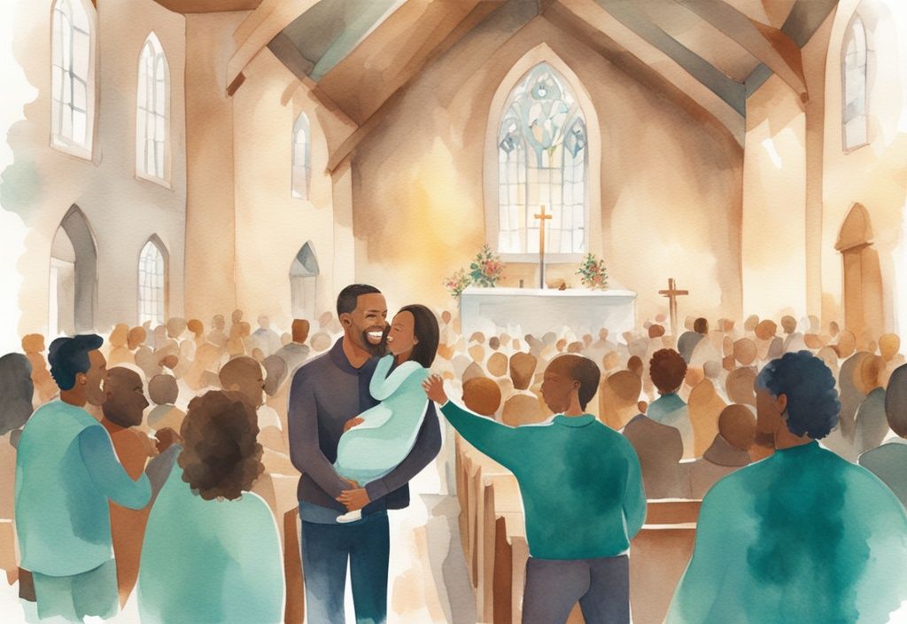 Modern watercolor illustration of parents with newborn in a church, teal theme, diverse happy crowd.