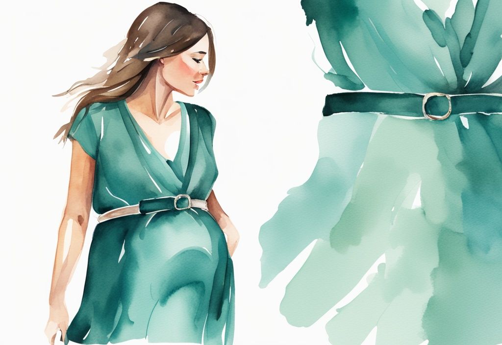 Modern watercolor illustration of a stylish pregnant woman in a teal theme, showing how to hide baby bump with a loose dress and statement belt.