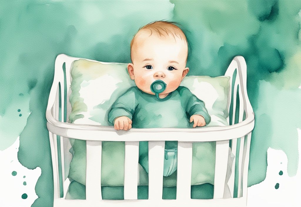 Modern watercolor illustration of a baby wakes up when pacifier falls out, featuring a teal-themed adorable baby stirring in a crib with the pacifier beside his face on the pillow.