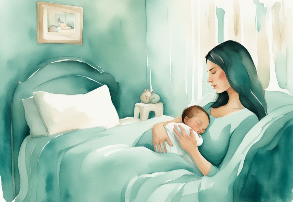 Modern watercolor illustration of a mother rocking a sleeping baby in a tranquil teal-themed nursery, depicting a serene solution on how to break the cycle of an overtired baby.