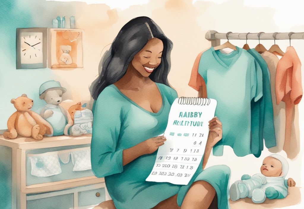 Modern watercolor illustration of a glowing mother-to-be in teal theme, viewing a milestone-marked calendar, surrounded by baby items like clothes, toys, and a crib, addressing when to start buying baby stuff.