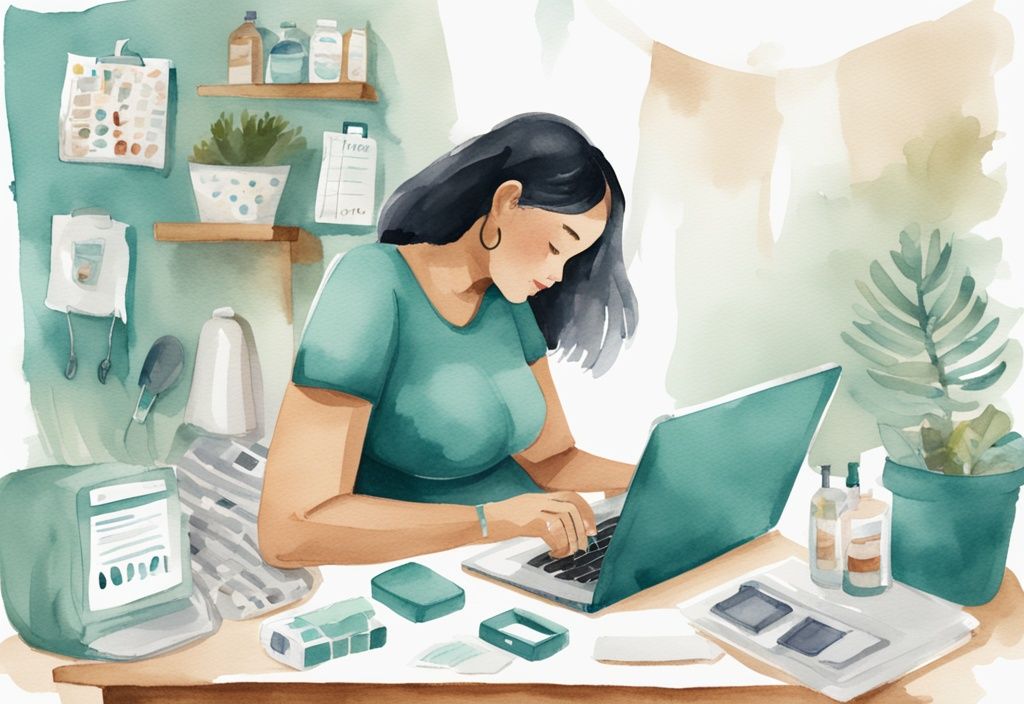 Modern watercolor illustration of a pregnant woman using a laptop, checking a baby essentials list, surrounded by teal-themed baby items.