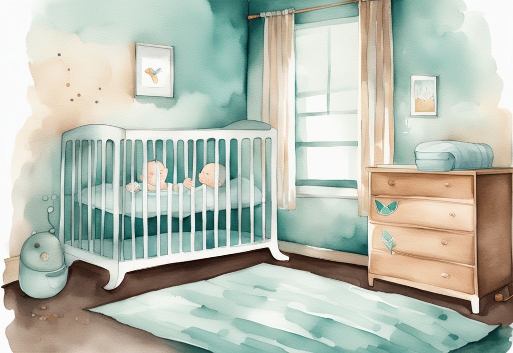 Modern watercolor illustration of a baby sleeping in a crib with a focus on teal colors, showing how far should a humidifier be from baby, placed safely at a marked distance.