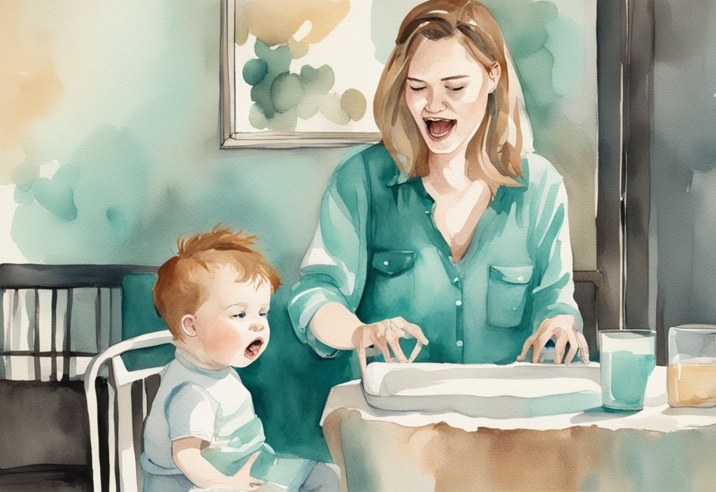 Modern watercolor illustration of a mother saying "mama" to her curious baby in a high chair, featuring a teal color theme.